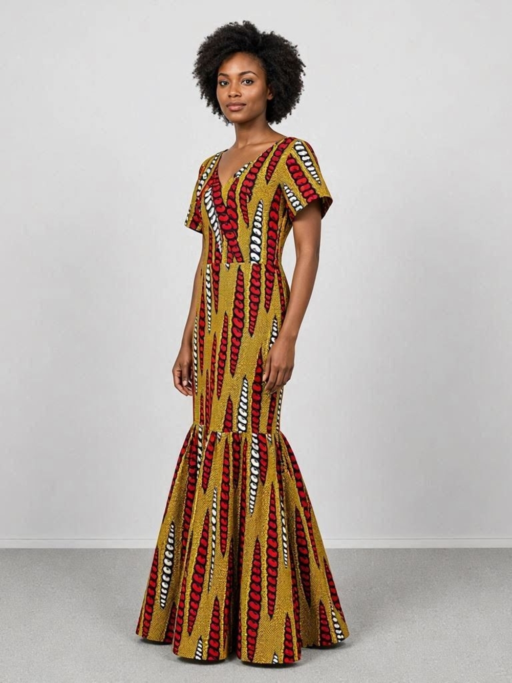 V-Neck Printed African Maxi Dress in Mustard and Red Festival, Caribana, Mermaid